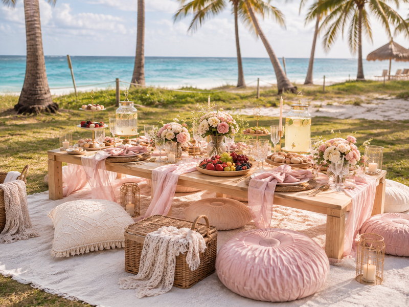A bright daytime beach picnic in Punta Cana — a long table of pastries and fresh fruit with blush linen and floor cushions beside turquoise water.