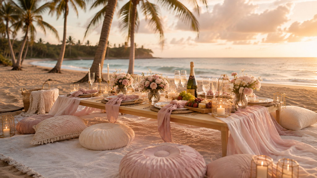 A luxury sunset picnic on the beach in Punta Cana — a low wooden table dressed with blush linen, roses, champagne and candles, surrounded by floor cushions under the palms.