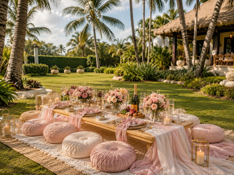 A private tropical garden picnic on a villa lawn — a low table with roses, champagne and candles surrounded by blush floor cushions under the palms.