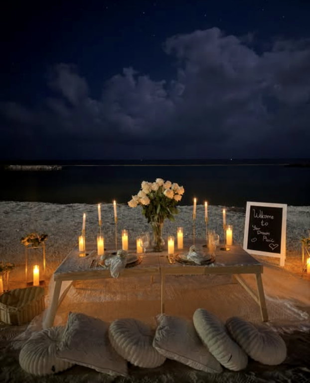 Evening beach picnic lit by tall candles with white roses and floor cushions.