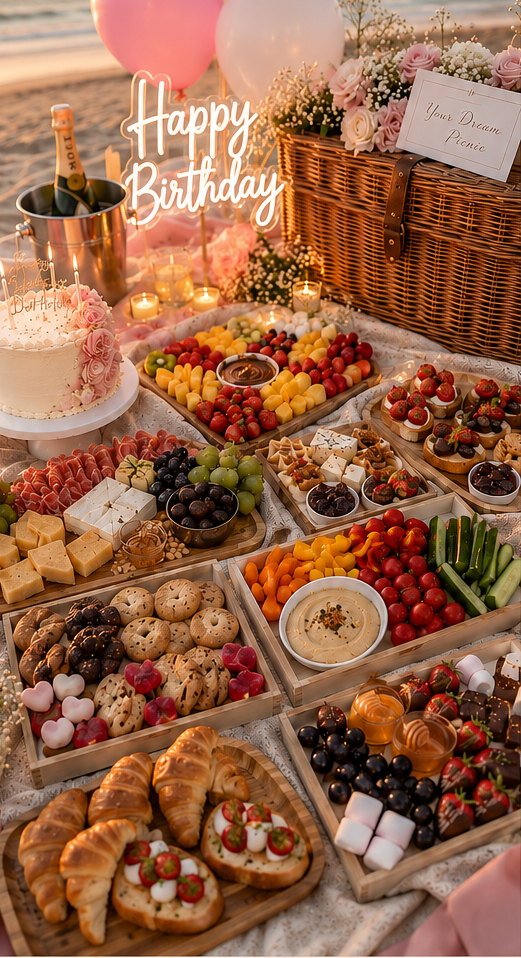 A birthday picnic on the beach with balloons, a decorated cake, grazing boards and champagne at sunset.