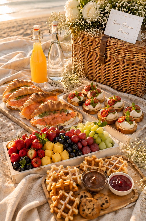A brunch picnic spread on the sand — croissants, bruschetta, fresh fruit, waffles and juice beside a wicker hamper.