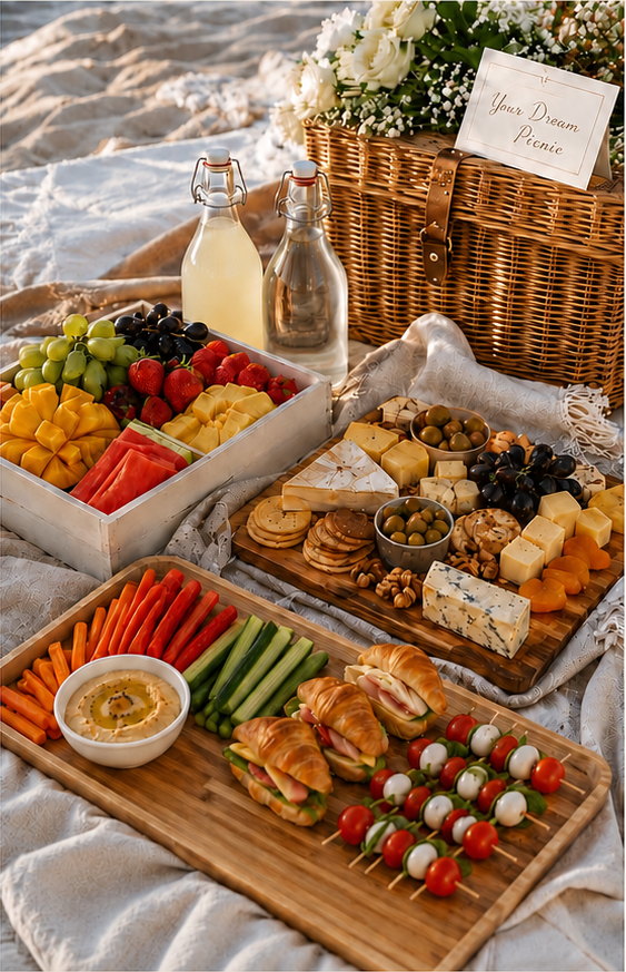 A classic picnic spread with sandwiches, a cheese board, fresh fruit, vegetable sticks and homemade lemonade.