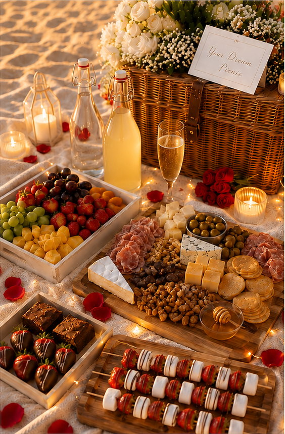 A romantic sunset picnic with charcuterie, chocolate-dipped strawberries, candles and prosecco.