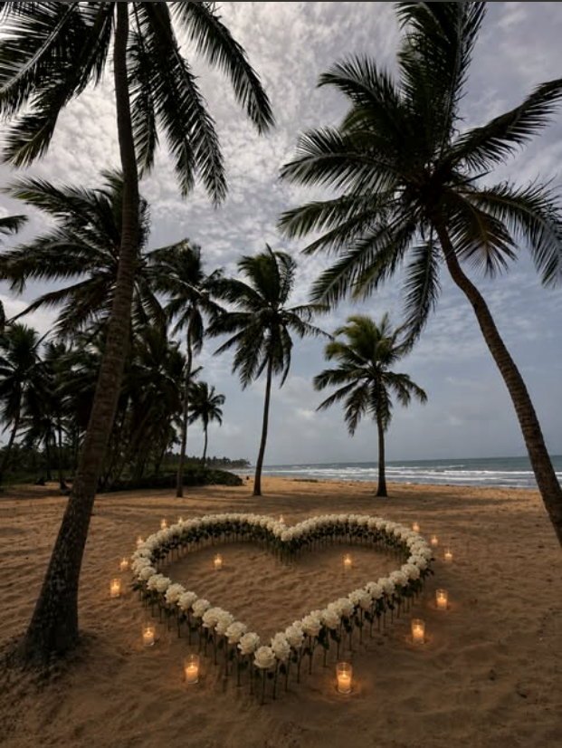 A heart of white flowers and candles laid out on the sand between palm trees at dusk.