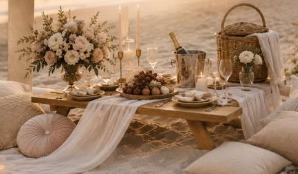 Golden-hour picnic table with flowers, champagne and candles beside the sea.