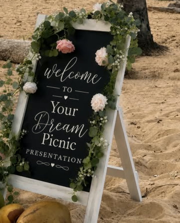 Welcome to Your Dream Picnic chalkboard sign dressed with eucalyptus and roses on the sand.